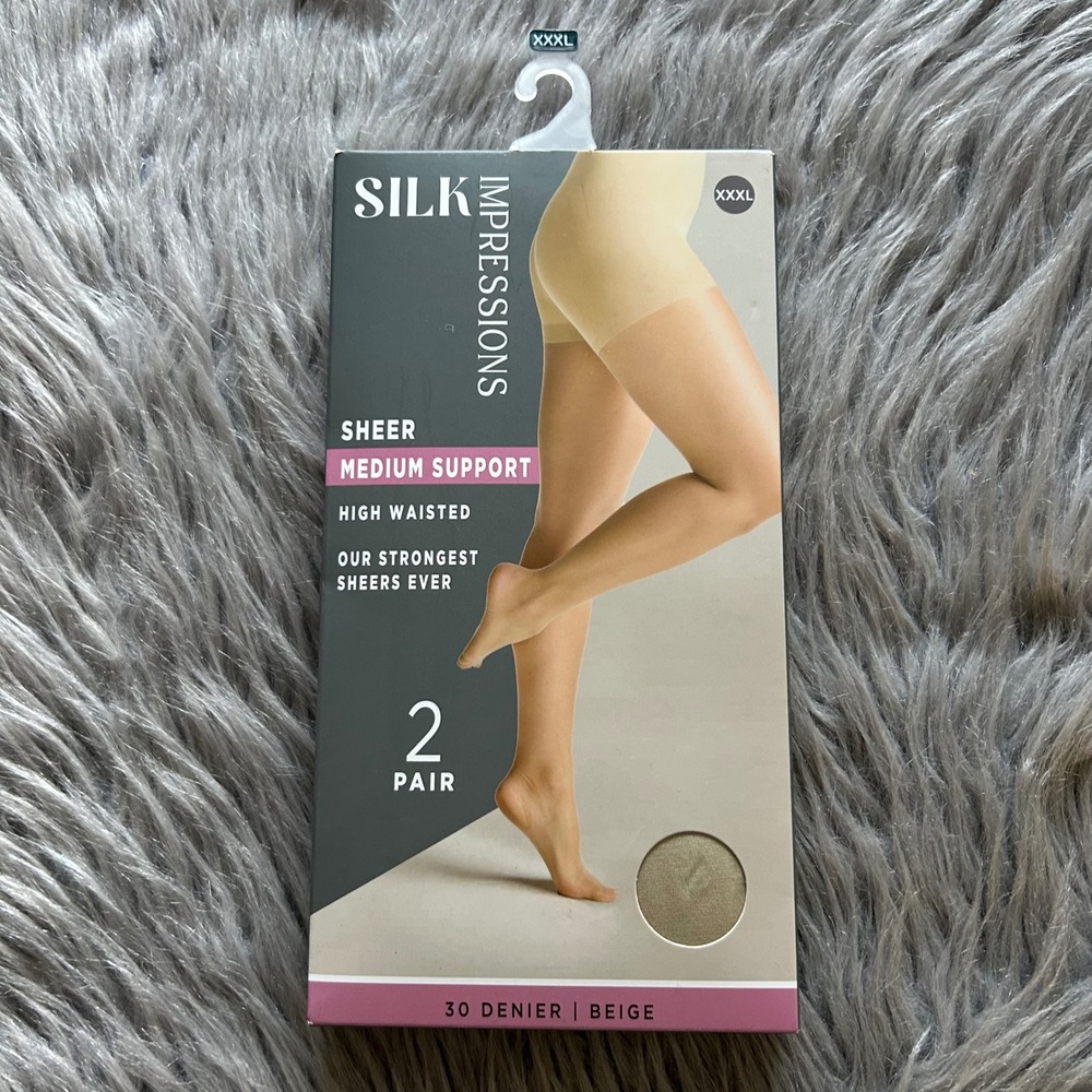 Silk Impressions Medium Support Sheer Tights Womens Size XXXL Beige High Waisted
